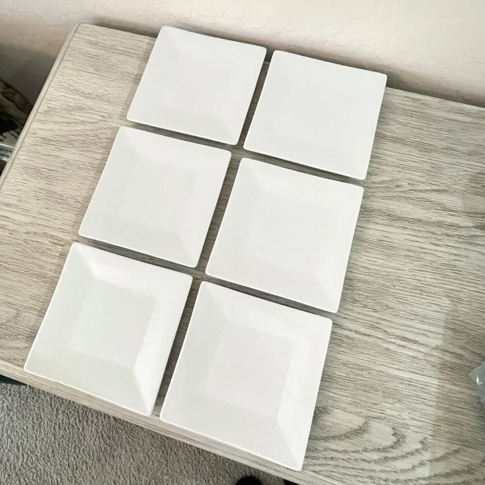 Crate & Barrel Set of 6 Appetizer Plates White Square Porcelain Ceramic Snacks